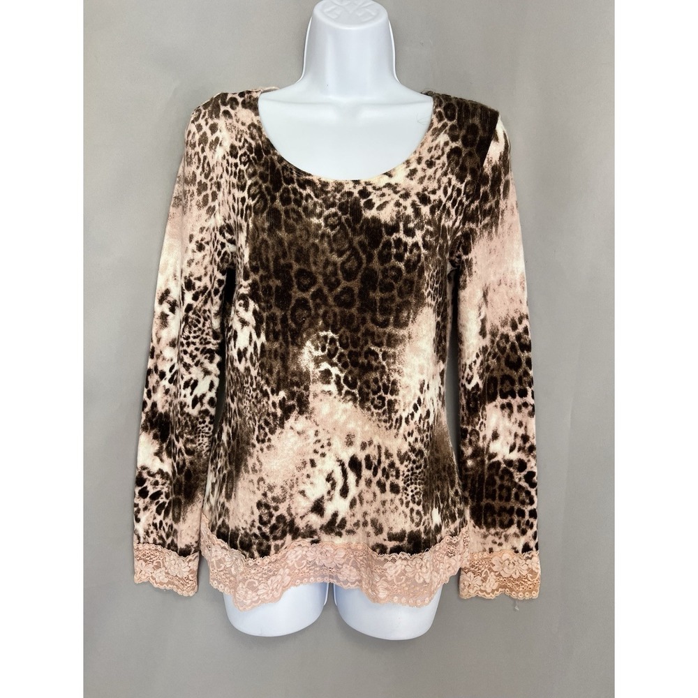 VTG Karen Kane Top Blouse‎ Long Sleeve Animal Print Lace Details Sz Medium